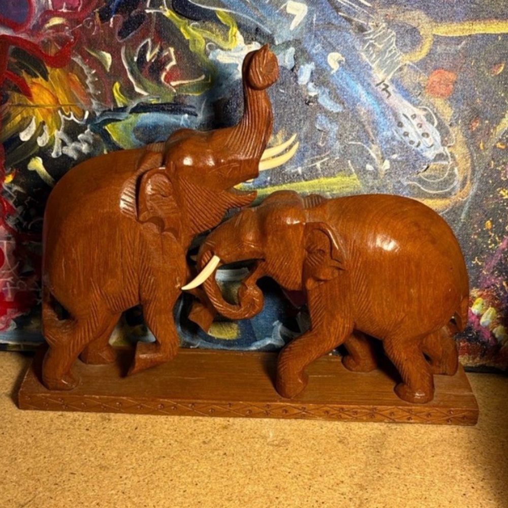 Artisan Wooden Elephant Pair Sculpture